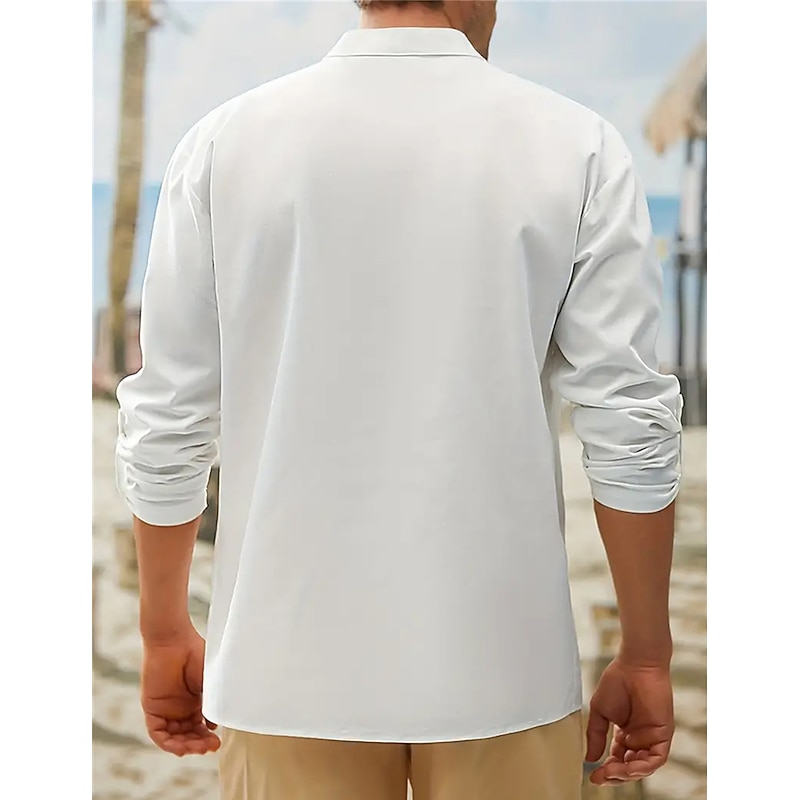 Men's Shirt Linen Shirt Cotton Linen Shirt White Cotton Shirt Chinese Collar Shirt Mandarin Collar Shirt Plain Vacation Casual White Long Sleeve V Neck Spring &  Fall Clothing Apparel4