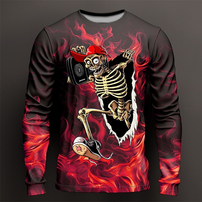 Men's Graphic Flame Skeleton T Shirt Long Sleeve T shirt 3D Print Crew Neck Shirt Fashion Designer Casual Sports Outdoor Holiday Going out Red Purple Orange Spring &  Fall Clothing Apparel S M L XL3