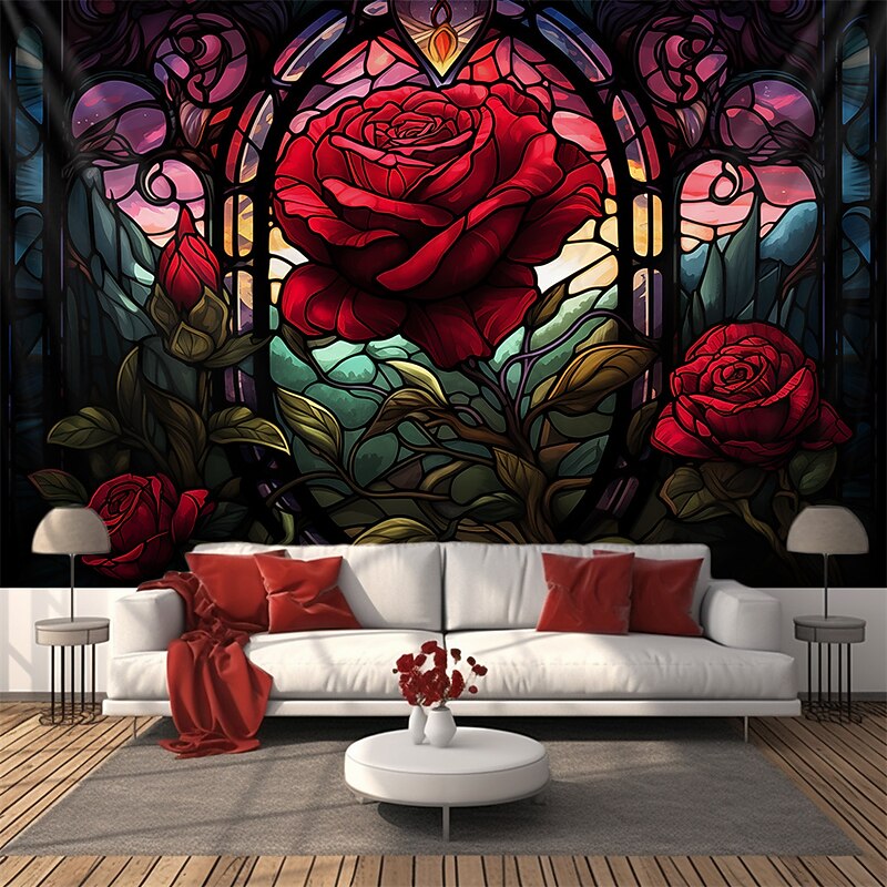 Valentine's Day Stained Glass Rose Hanging Tapestry Wall Art Large Tapestry Mural Decor Photograph Backdrop Blanket Curtain Home Bedroom Living Room Decoration2