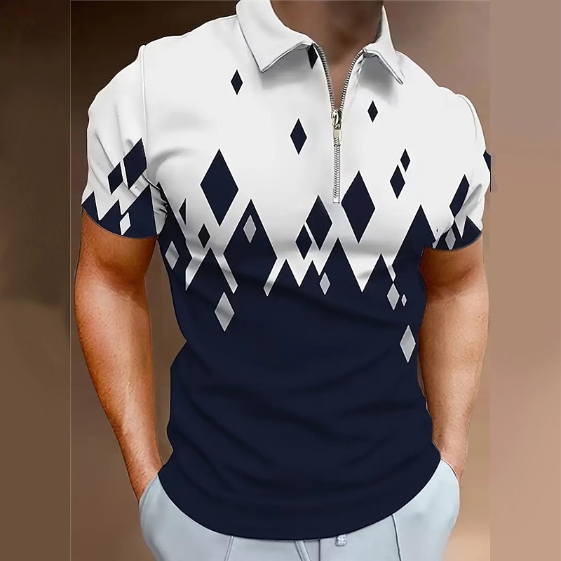 Men's Geometric Zip Polo Shirts Golf Shirt Short Sleeve Polo Shirts Collared Shirts Casual Vacation Wear Formal Wear Festival Wear 3D Print Quarter Zip Polo Spring & Summer Black Dark Navy Green