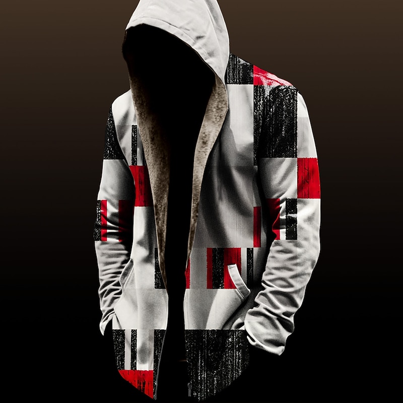 Men's Color Block Plaid / Check Winter Coat Fleece Jacket Coat Thermal Warm Vintage Daily Wear Going out Pocket Print Fall & Winter Hooded Long Sleeve Black Wine Red4