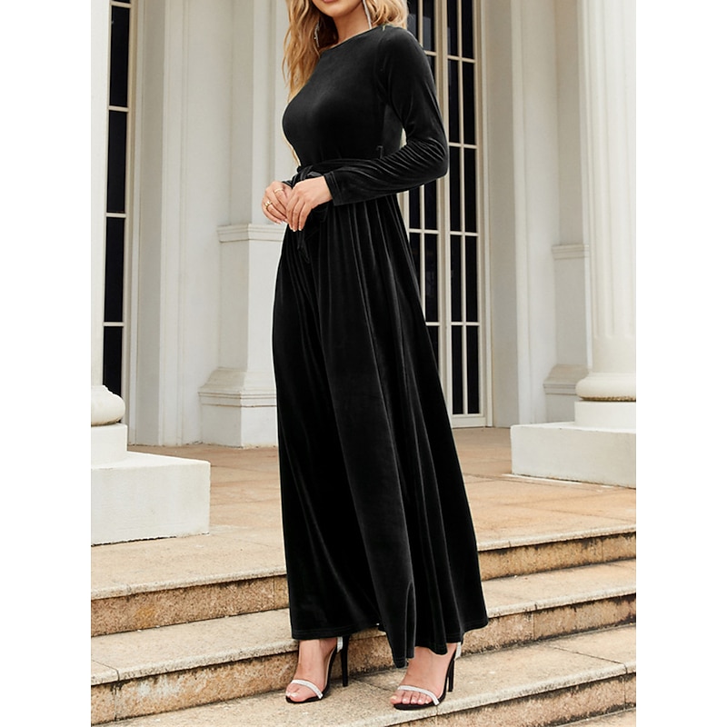 Women's Black Dress Velvet Dress Prom Dress Lace up Crew Neck Long Sleeve Winter Dress Black Wine Fall Winter2