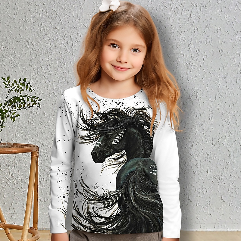 Girls' 3D Horse Tee Shirts Long Sleeve 3D Print Spring Fall Active Fashion Cute Kids 3-12 Years Crew Neck Outdoor Casual Daily Regular Fit