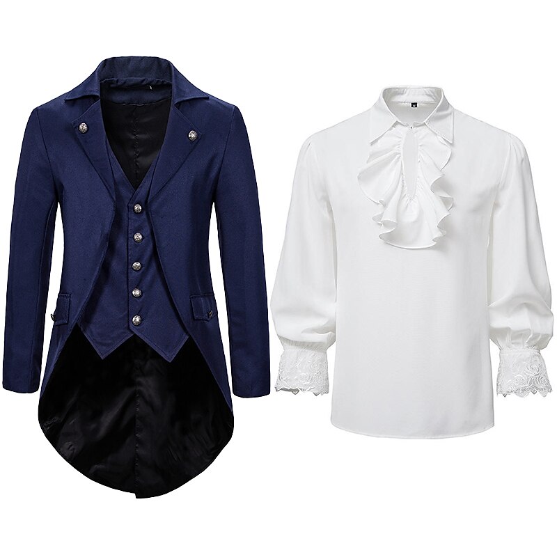 Set with Tailcoat Tuxedo Coat Pirate Ruffle Shirts 2 PCS Men's Punk Gothic Medieval Steampunk 18th Century Outfits Tuxedo Trench Coat Men's Carnival Event Party Vampire Cosplay Costume3