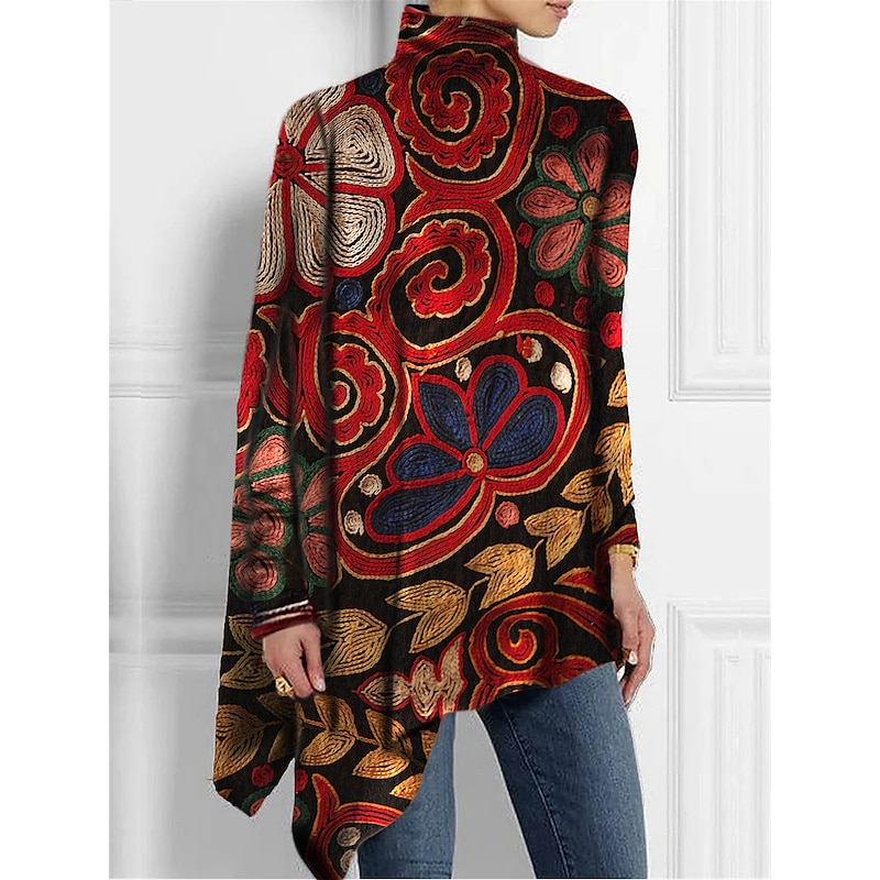 Women's T Shirt Fashion Floral Print Asymmetric Hem Long Sleeve Long Tops High Neck Casual Holiday Red Blue Green Spring &  Fall