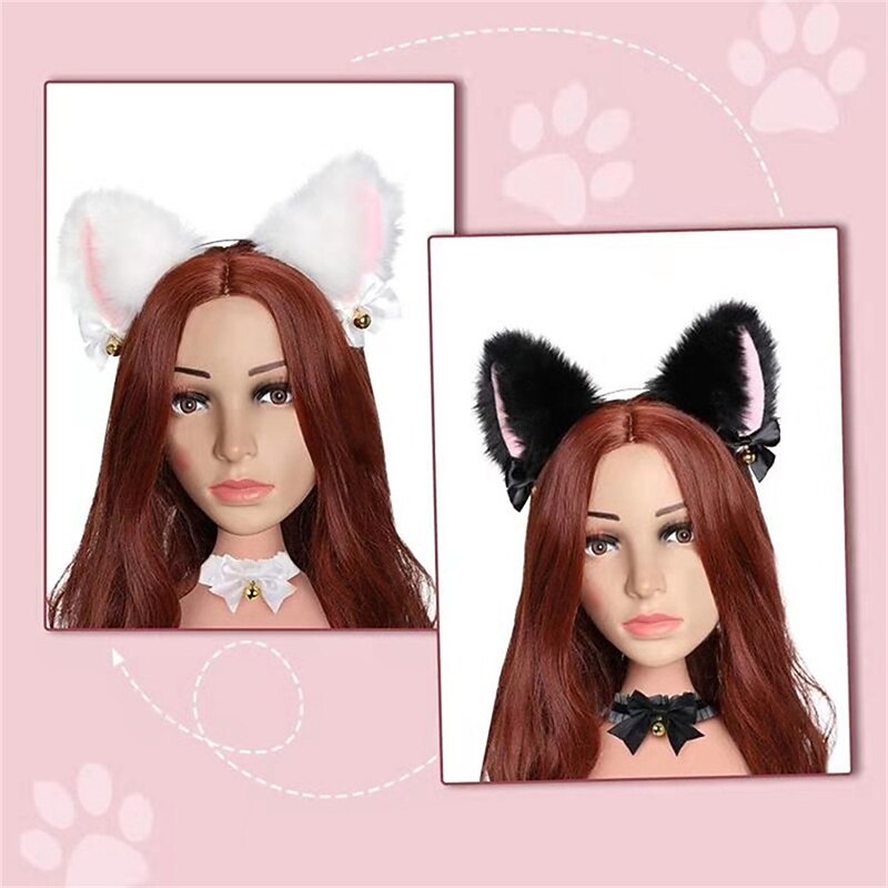 Carnival Performance Props Headdress Cat's Ears (Steamed Cat-Ear Shaped Bread) Headband Cat Girl Cat's Ears Collar Hair Accessories Set2