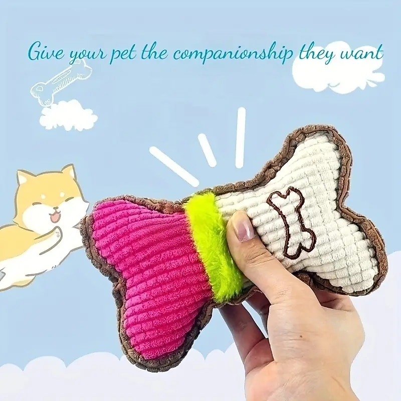 1pc Bone Design Pet Grinding Teeth Squeaky Plush Toy Durable Chew Toy For Dog Interactive Supply3