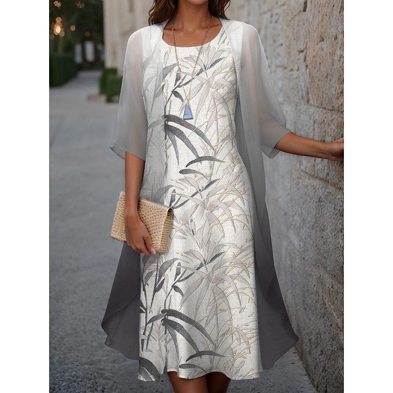 Women's Graduation Dress Midi Dress Two Piece Dress Set Wedding Guest Cocktail Dress Chiffon Outdoor Holiday Fashion Modern Print Casual  Elegant Spring Crew Neck Half Sleeve Leaf Blue Green Gray - Main Image
