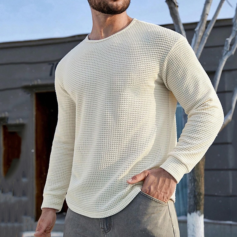 Men's Waffle Tee T Shirt Waffle Knit Tee Tee Top Long Sleeve Crew Neck Spring &  Fall Plain Fashion Designer Basic Front Pocket Vacation Street Going out White Khaki Top Tee for Men3