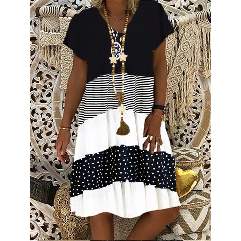 Women's Casual Dress T Shirt Dress Tee Dress Polka Dot Stripe Print V Neck Midi Dress Vacation Short Sleeve Summer