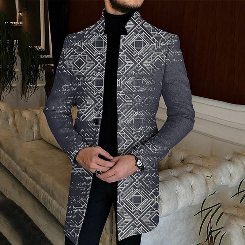 Men's Geometry Winter Coat Overcoat Coat Warm Comfortable Breathable Vintage Business Work Wear to work Going out Buttons Print Fall & Winter Standing Collar Long Sleeve Black Gray