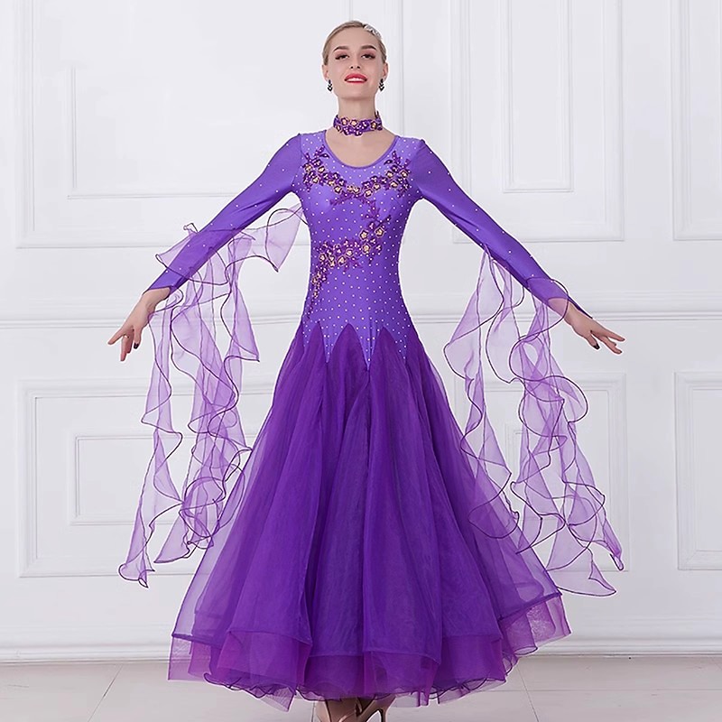 Ballroom Dance Dress Splicing Crystals / Rhinestones Women's Performance Party Long Sleeve Spandex Organza