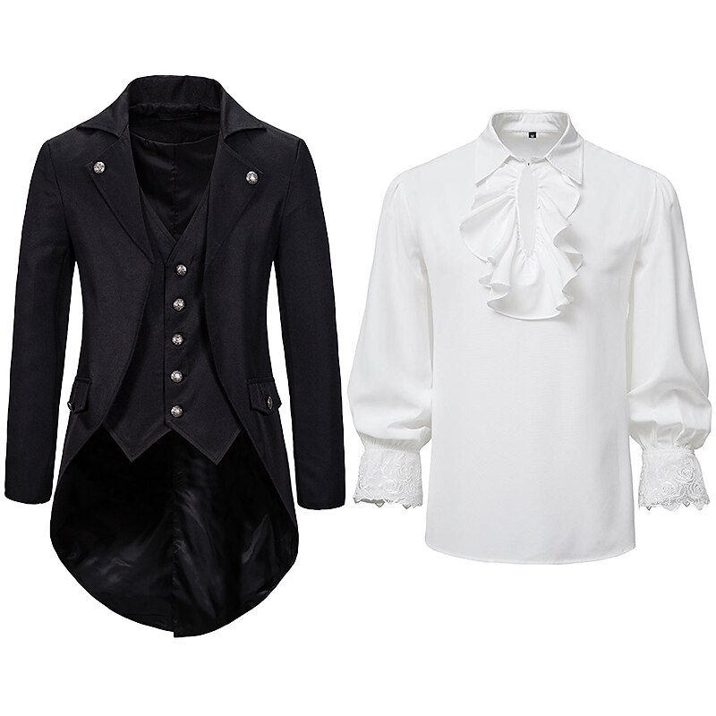 Set with Tailcoat Tuxedo Coat Pirate Ruffle Shirts 2 PCS Men's Punk Gothic Medieval Steampunk 18th Century Outfits Tuxedo Trench Coat Men's Carnival Event Party Vampire Cosplay Costume2