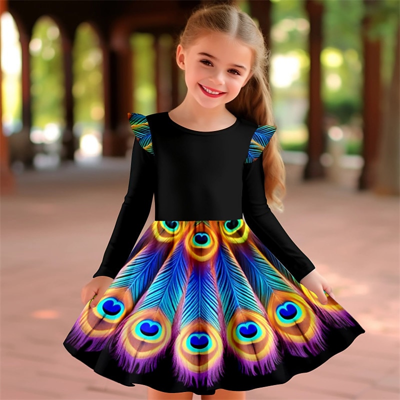 Girls' 3D Feathers Ruffle Dress Long Sleeve 3D Print Fall Winter Sports & Outdoor Daily Holiday Cute Casual Beautiful Kids 3-12 Years Casual Dress A Line Dress Above Knee Polyester Regular Fit2