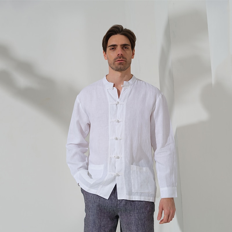 100% Linen Pocket Men's Shirt Linen Shirt Black White Navy Blue Long Sleeve Plain Standing Collar Spring &  Fall Outdoor Daily Clothing Apparel2