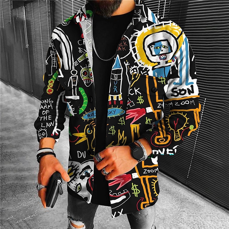 Men's Abstract Graffiti Rocket Shirt Shirt Jacket Overshirt Long Sleeve Sports Fashion Streetwear Outdoor Casual Daily Fall & Winter Turndown Print Button-Down Yellow Blue2