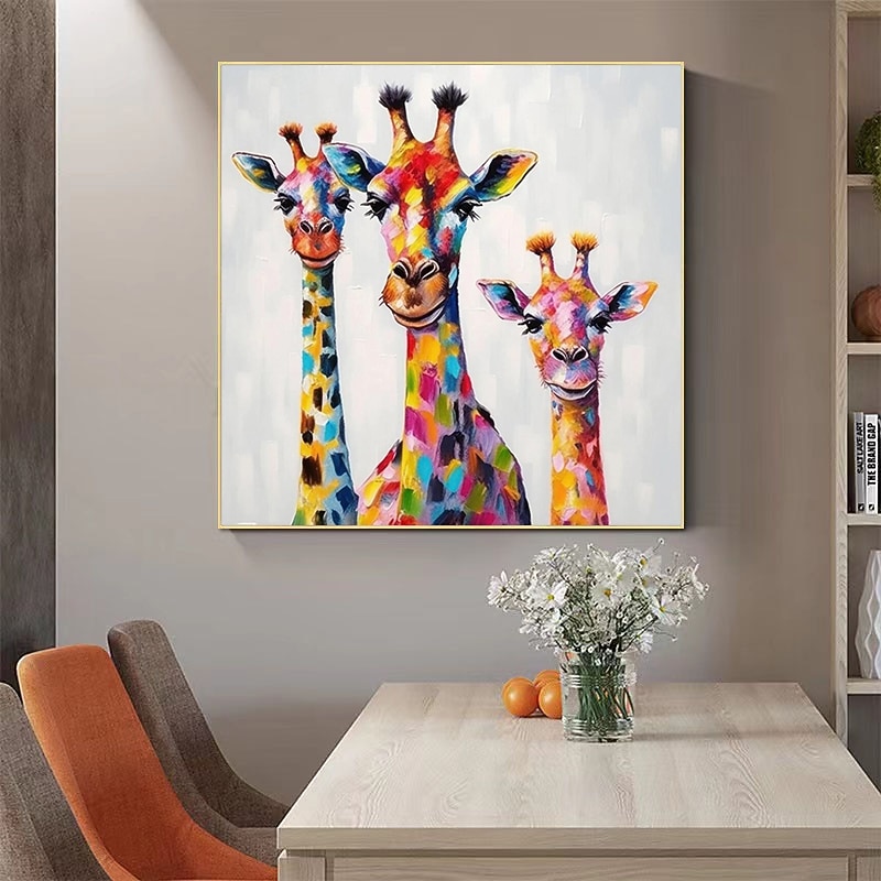 Colorful Giraffe Family Painting On Canvas Handpainted Large Animal Wall Art For Home Decor Animal Artwork Fancy Giraffe Wall Decor Stretched Frame Ready to Hang