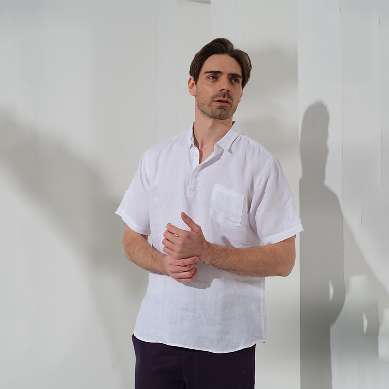 100% Linen Front Pocket Men's Shirt Linen Shirt Black White Dark Blue Short Sleeve Plain Lapel Summer Outdoor Daily Clothing Apparel3