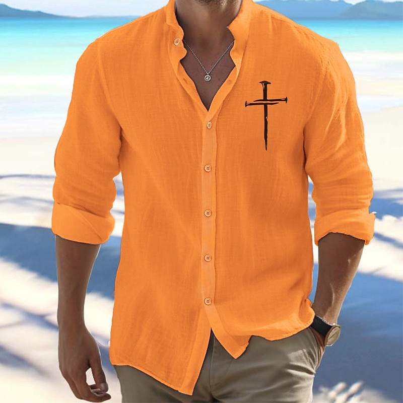 Men's Shirt Beach Shirt Button Up Shirt Faith Outdoor Vacation Black White Orange Light Grey Long Sleeve Standing Collar Spring &  Fall Clothing Apparel Print4