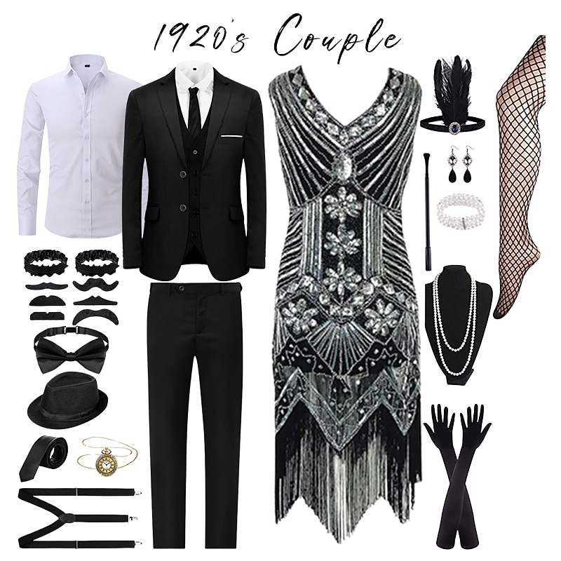 Roaring 20s Costumes for Couples Gangster Gentleman Flapper Girls Couples Costume Suits Blazer Flapper Dress 1920s Fancy Dress The Great Gatsby Outfit Carnival Masquerade Evening Cocktail Party