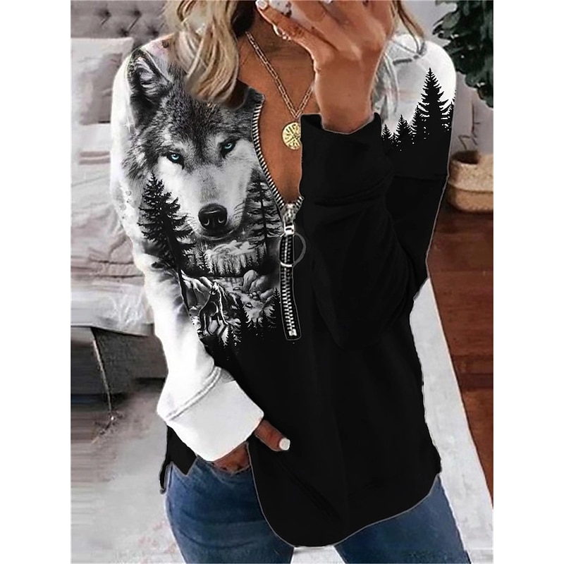 Women's Valentine Heart Sweatshirt Pullover Leopard Casual Sports Round Neck Print Quarter Zip Long Sleeve Black White Yellow Orange Green Fall & Winter4