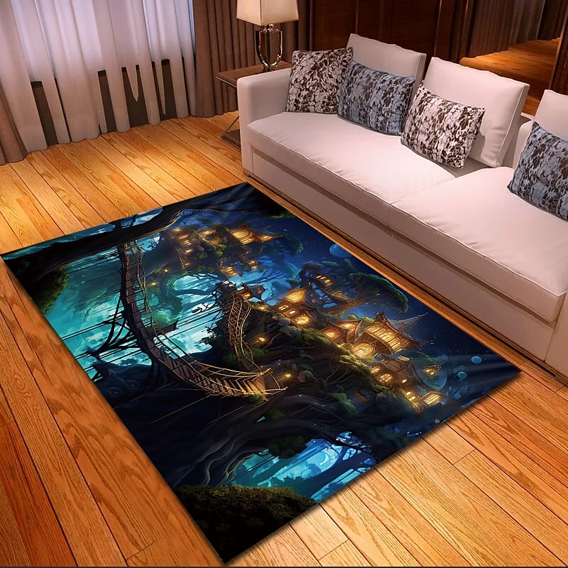 Blacklight Rug UV Reactive Glow in the Dark Area Rug Kitchen Mat Non-Slip Oil Proof Trippy Tree House Floor Mat Livingroom Rug Indoor Outdoor Mat Bedroom Decor Bathroom Mat Entrance Rug Door Mat