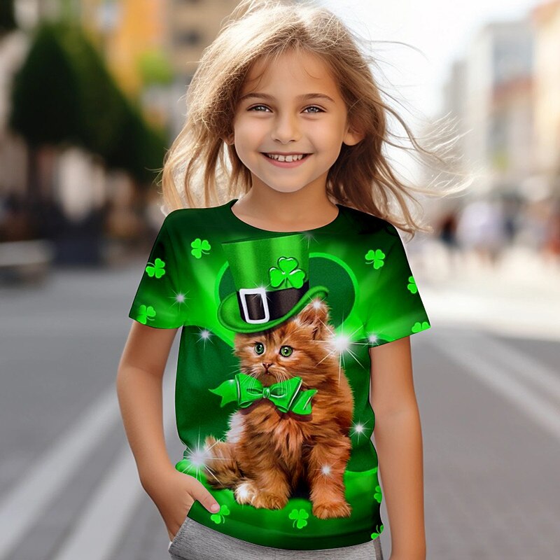 St. Patrick Girls' 3D Cat Four Leaf Clover Tee Shirt Short Sleeve 3D Print Summer Active Fashion Cute Polyester Kids 3-12 Years Crew Neck Outdoor Casual Daily Regular Fit