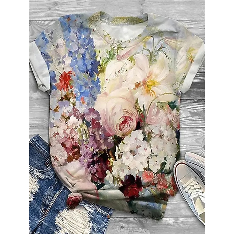 Women's T Shirt Fashion Floral Print Short Sleeve Regular Tops Round Neck Holiday Weekend Yellow Pink Blue Purple Green Spring & Summer