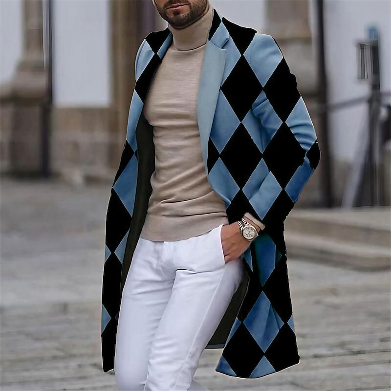 Men's Argyle Winter Coat Overcoat Coat Warm Comfortable Breathable Business Work Wear to work Going out Pocket Print Fall & Winter Stand Collar Long Sleeve White Blue Purple2