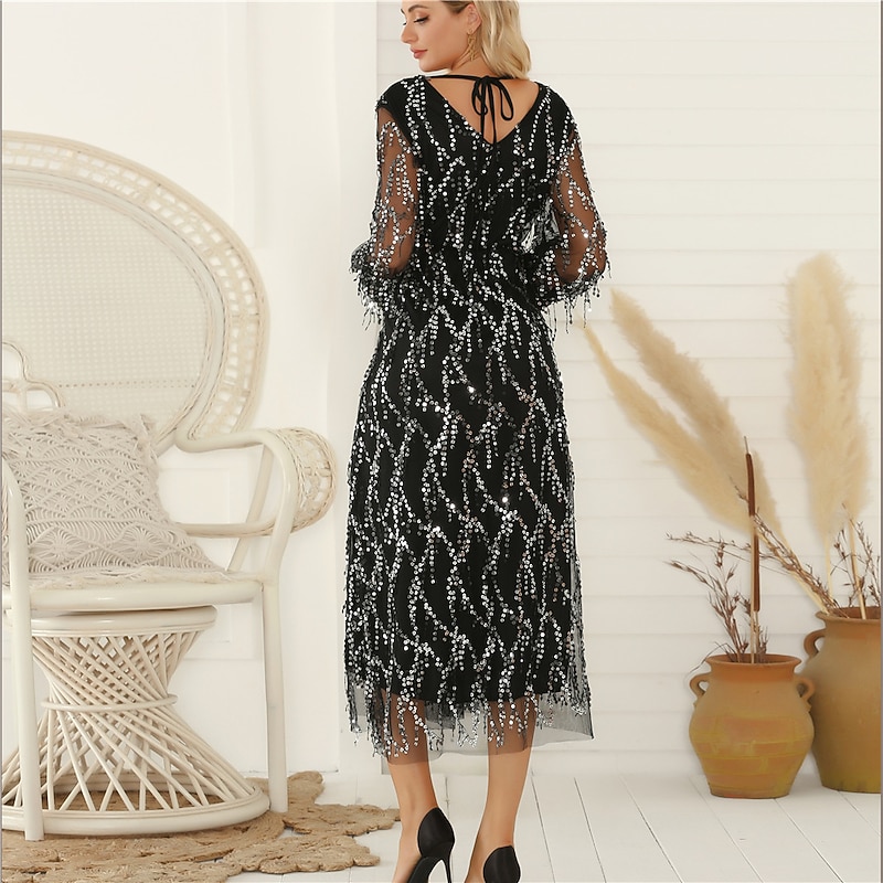 Retro Vintage Roaring 20s 1920s Flapper Dress Dress Wedding Guest Sequins Embroidered Solid Color V Neck Fancy Dress Women's New Year Event / Party Prom Wedding Reception Adults' Dress Homecoming3