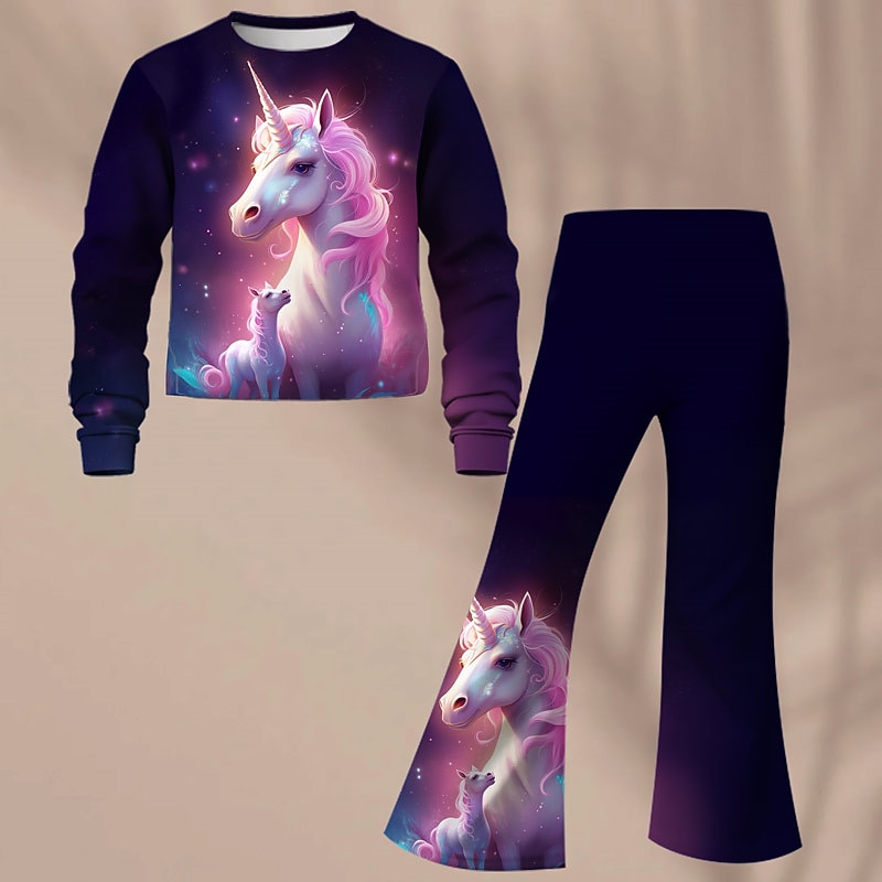 Girls' 3D Unicorn Sweatshirt & Flare Pants Set Long Sleeve 3D Print Spring Fall Active Fashion Daily Kids 3-12 Years Crew Neck Outdoor Vacation Date Regular Fit3