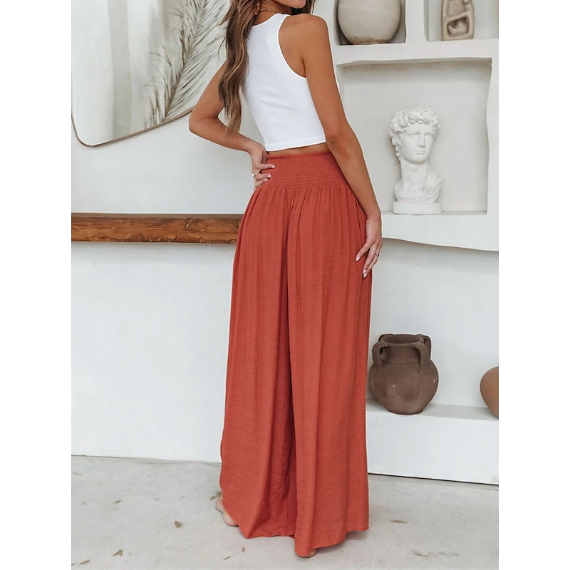 Women's Wide Leg Pants Trousers Vacation Simple Casual Full Length High Waist Plain Pocket Elastic Waist High Cut Comfort Breathability Soft Micro-elastic Home Street Daily Black Brick red Fall Winter4