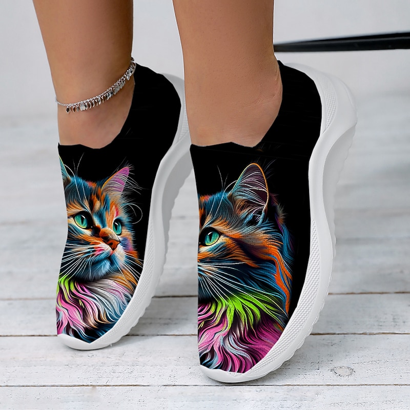 Women's Sneakers Slip-Ons Print Shoes Flyknit Shoes Comfort Shoes Outdoor Daily Cat Flat Heel Fashion Casual Tissage Volant Yellow Pink Blue 7