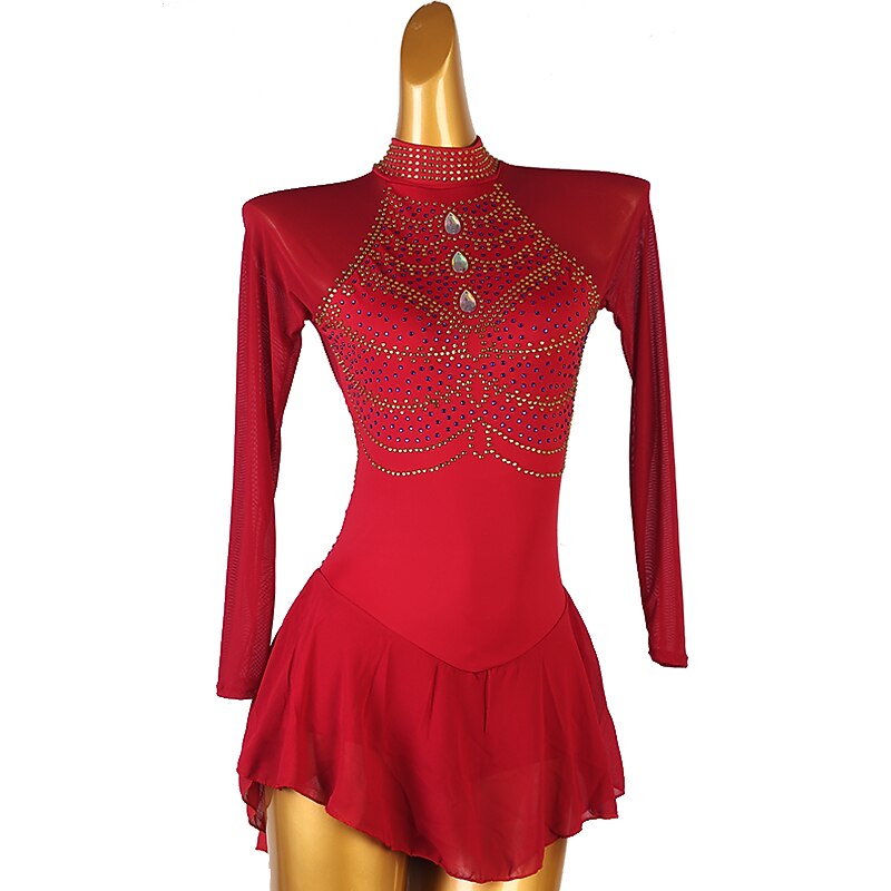 Figure Skating Dress Women's Girls' Ice Skating Dress Burgundy Patchwork Open Back Mesh High Elasticity Training Competition Skating Wear Classic Crystal / Rhinestone Long Sleeve Ice Skating Figure2