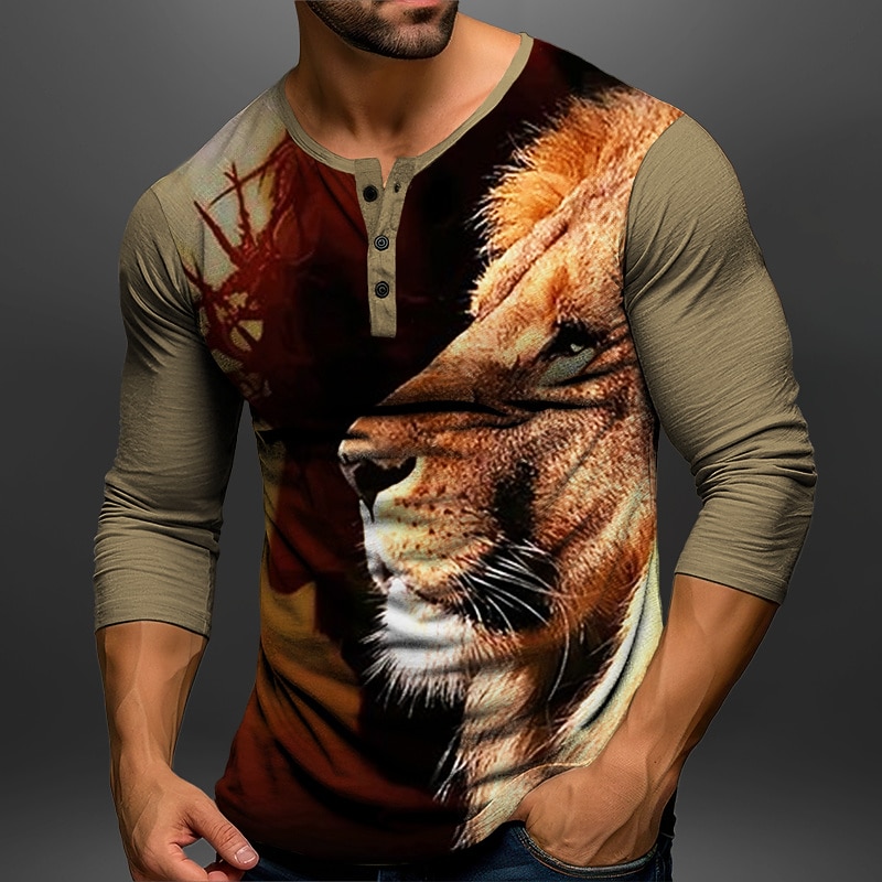 Men's Graphic Animal Lion Henley Shirt Long Sleeve 3D Print Fashion Daily Casual Casual Holiday Going out Spring &  Fall Red Brown Khaki Gray Henley Henley T-Shirt