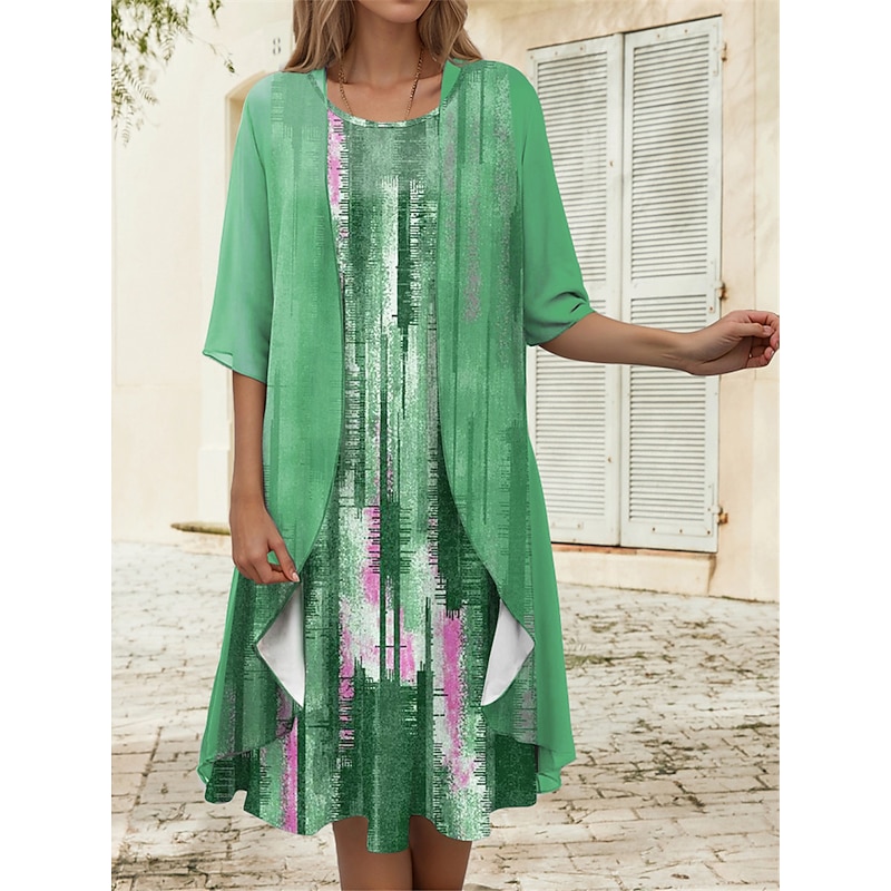 Women's Graduation Dress Midi Dress Two Piece Dress Set Casual Dress Chiffon Dress Print Dress Fashion Modern Print Print Half Sleeve Crew Neck Outdoor Holiday Pink Blue Purple Spring Loose Fit2