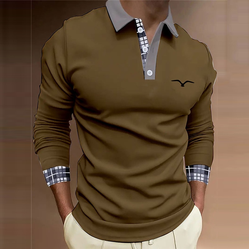 Kentucky Derby Men's Plaid Polo Shirts Golf Shirt Long Sleeve Polo Shirts Collared Shirts Business Casual WorkWear Formal Wear Festival Wear 3D Print Buttons Fall & Winter White Blue Brown2