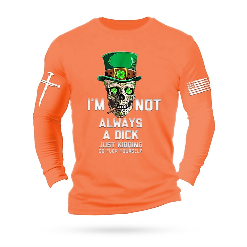 St.Patrick's Day Skulls National Flag Black White Orange T shirt Tee Men's Graphic Cotton Shirt Vintage Basic Shirt Long Sleeve Comfortable Tee Sports Outdoor Holiday Spring Fall Fashion Designer4