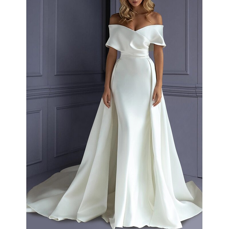 Beach Formal Wedding Dresses Mermaid Sweetheart Off Shoulder Sleeveless Sweep / Brush Train Satin Bridal Gowns With Solid Color 2025 2025 - $219.99