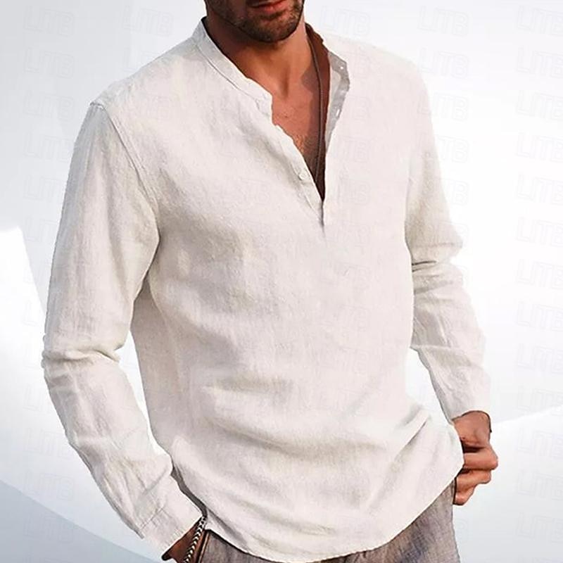 Men's Shirt Linen Shirt Chinese Collar Shirt Mandarin Collar Shirt Summer Shirt Beach Shirt Plain Vacation Hawaiian Beige Long Sleeve Standing Collar Spring & Fall Clothing Apparel Button-Down2