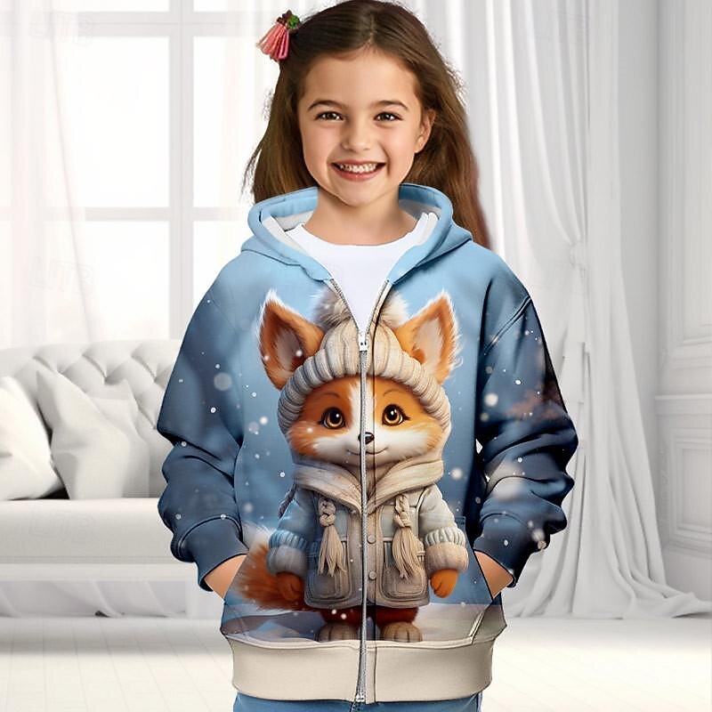 Girls' 3D Fox Hoodie Coat Outerwear Long Sleeve Fall Winter Active Cute Streetwear Polyester Kids 3-12 Years Zip Street Daily Regular Fit2