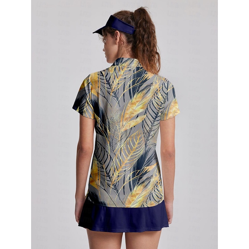 Women's Golf Polo Shirt Navy Blue Short Sleeve Sun Protection Top Leaf Ladies Golf Attire Clothes Outfits Wear Apparel2