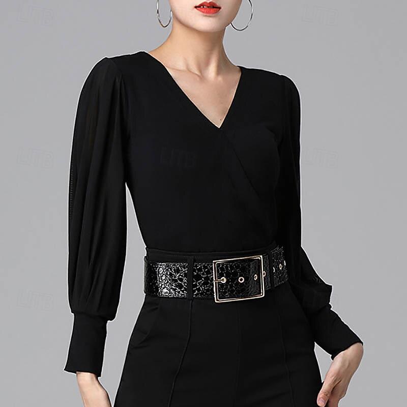 Ballroom Dance Top Pure Color Splicing Tulle Women's Performance Training Long Sleeve High Modal3