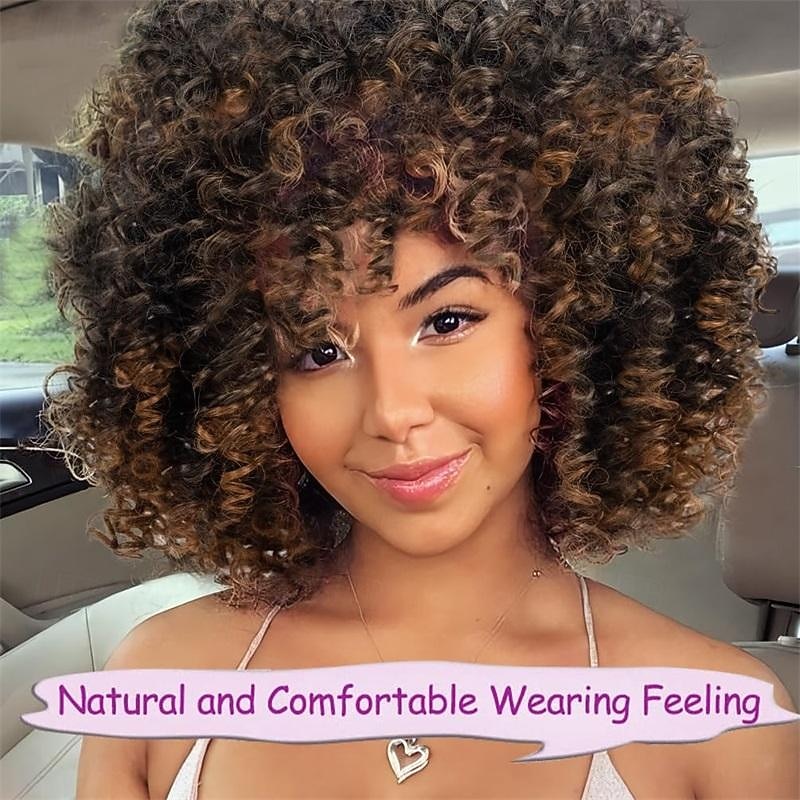 Short Curly Wigs for Black Women - Ombre Brown Color Afro Curly Synthetic Wigs with Bangs Halloween Wigs2