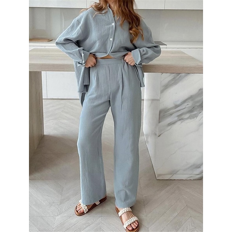 Women's Loungewear Sets Pure Color Simple Basic Street Daily Cotton And Linen Breathable Lapel Long Sleeve Shirt Pant Button Summer Spring Home Outfits