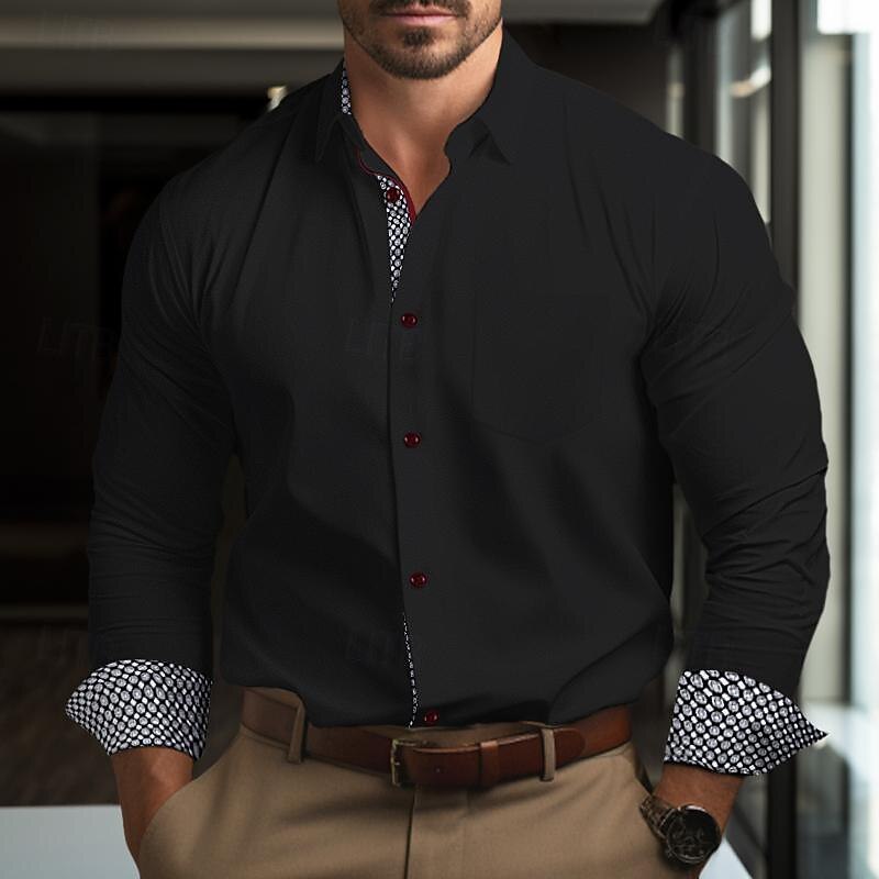 Men's Shirt Dress Shirt Non Iron Shirt Polka Dot Office & Career Wedding Party Black White Navy Blue Blue Long Sleeve Lapel Spring &  Fall Clothing Apparel Patchwork2