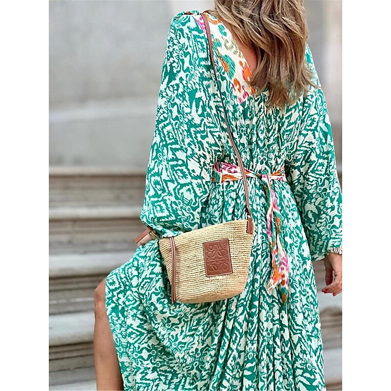 Women's Long Dress Maxi Dress Casual Dress Boho Chic Dresses Boho Dress Bohemia Ethnic A Line Vacation Street Holiday Loose Fit Geometric Color Block Long Sleeve V Neck Green Summer2
