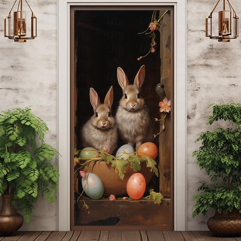 Door Covers Door Decorations Bunny Eggs Mural Decor Door Tapestry Door Curtain Backdrop Door Banner Removable for Front Door Indoor Outdoor Home Room Decoration Farmhouse Decor Supplies