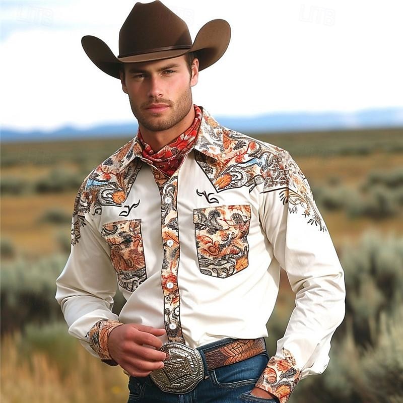 Men's Floral Western Shirt Button Up Shirt Long Sleeve Vintage Western Daily Wear Going out Weekend Spring Fall Winter Collared Shirts 3D Print Front Pocket White Khaki Gray