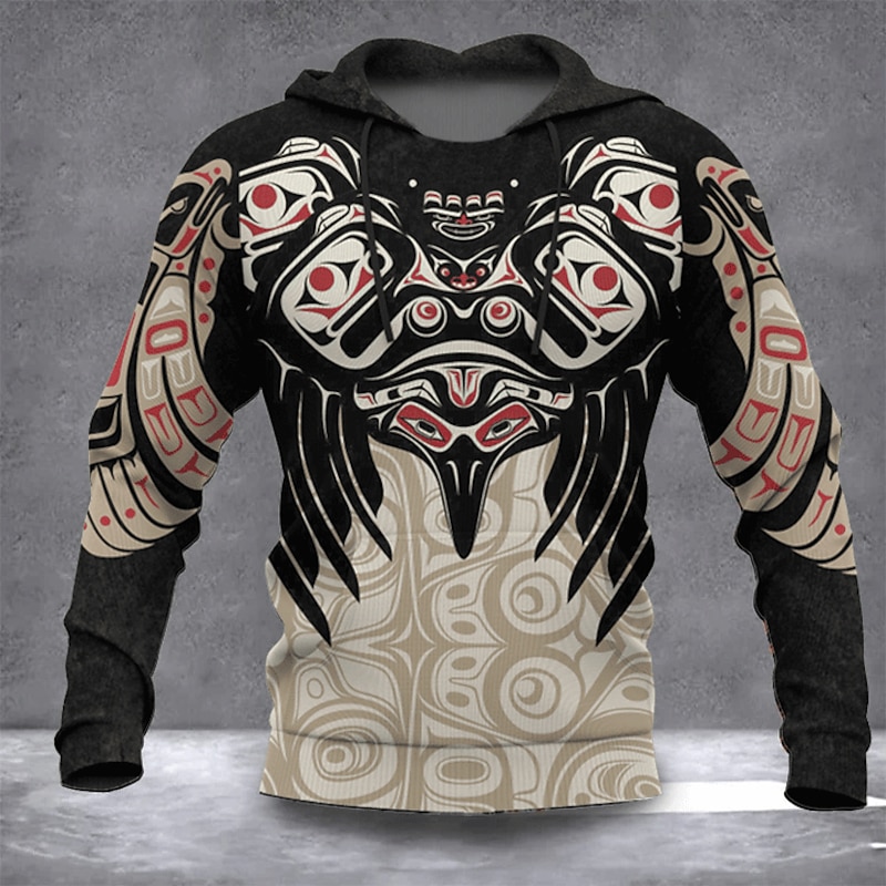 Men's Graphic Tribal Hoodie Hoodies Sweatshirt Daily Ethnic Long Sleeve Hooded Vacation Sports Outdoor Holiday Black Red Print Front Pocket Spring &  Fall Designer